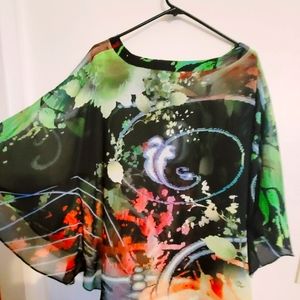 Black Sheer Floral Blouse, more like a pancho, no sleeves